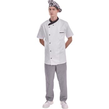 Gasztro rövid ujjú unisex szakácskabát – fehér, fekete gallérral, 65% poliészter 35% pamut, XS-től 3XL-ig - szakácskabát - Tartex munkaruházat