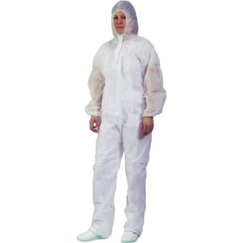 Egyszerhasználatos fehér kapucnis overál 45g – polipropilén, cipzáras, gumírozott, M-6XL-ig - munkás overál - Tartex webáruház