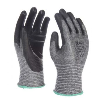 Szürke, vékony vágásbiztos kesztyű, fekete, PU mártással - mártott kesztyű - Tartex webáruház munkavédelmi kesztyűk