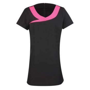   Női rövid ujjú tunika szépségipari munkaruházat – fekete paneles kozmetikus felső 100% poliészterből, 2XS-5XL-ig, TÖBB SZÍNBEN!