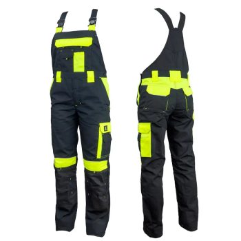 Urgent neon kantáros munkásnadrág, Fekete-Fluo sárga, 44-62-ig - kantáros munkanadrág, kertésznadrág - Tartex munkaruházat