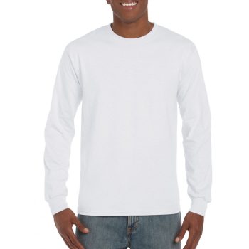Gildan Ultra Cotton Adult Long Sleeve T-Shirt, Fehér hosszú ujjú, kerek nyakú póló, 100% pamut, 193 gr, S-2XL-ig - férfi, unisex hosszú ujjú póló - Tartex munkaruházat