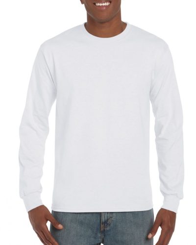 Gildan Ultra Cotton Adult Long Sleeve T-Shirt, Fehér hosszú ujjú, kerek nyakú póló, 100% pamut, 193 gr,  3XL-5XL-ig