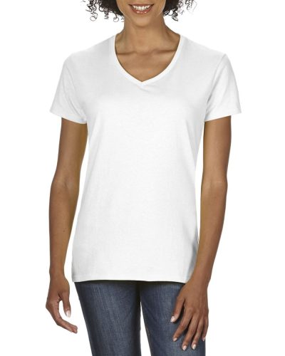 Gildan női rövid ujjú, "V" nyakú prémium póló, 100% pmaut, FEHÉR, S-2XL-ig